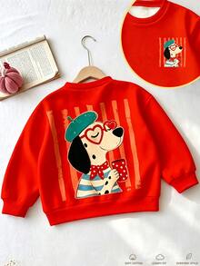 SHEIN Elladie kids Girls' Red Loose Crew Neck Sweatshirt, Heart Glasses Cartoon Puppy Graphic, Long Sleeve Casual Cute Pullover Top School White Polka Dot Fall House - Multicolor - View 5