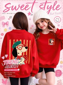 SHEIN Elladie kids Girls' Red Loose Crew Neck Sweatshirt, Heart Glasses Cartoon Puppy Graphic, Long Sleeve Casual Cute Pullover Top School White Polka Dot Fall House - Multicolor - View 2