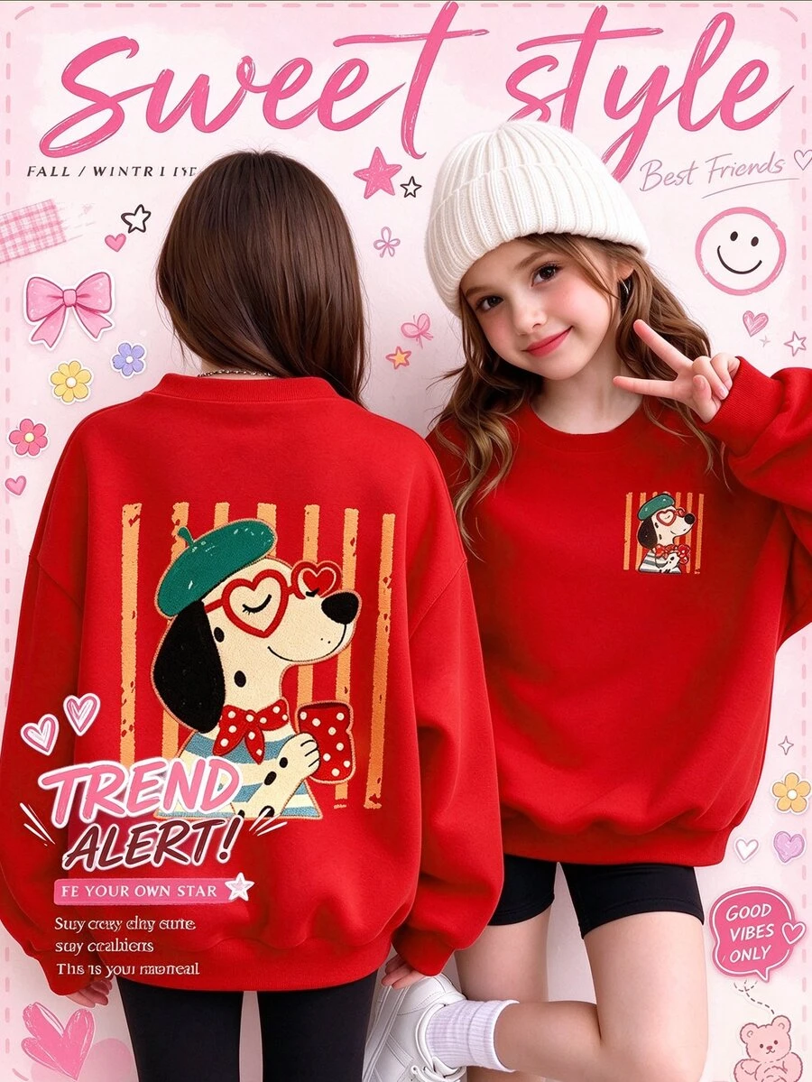 SHEIN Elladie kids Girls' Red Loose Crew Neck Sweatshirt, Heart Glasses Cartoon Puppy Graphic, Long Sleeve Casual Cute Pullover Top School White Polka Dot Fall House