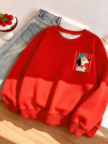 SHEIN Elladie kids Girls' Red Loose Crew Neck Sweatshirt, Heart Glasses Cartoon Puppy Graphic, Long Sleeve Casual Cute Pullover Top School White Polka Dot Fall House - Multicolor - View 4