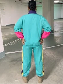 SHEIN CURVE+ Women's 22w Contrast Color Jacket And Jogger Pants 2pcs/Set Fall - Multicolor - View 2