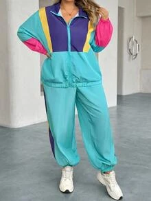 SHEIN CURVE+ Women's 22w Contrast Color Jacket And Jogger Pants 2pcs/Set Fall - Multicolor - View 1