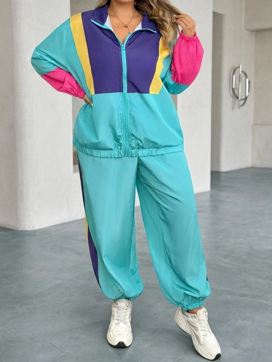 SHEIN CURVE+ Women's 22w Contrast Color Jacket And Jogger Pants 2pcs/Set Fall - Multicolor - View 1