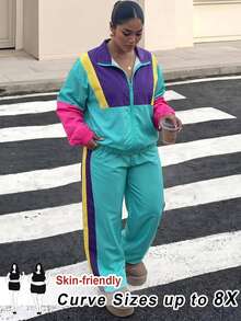 SHEIN CURVE+ Women's 22w Contrast Color Jacket And Jogger Pants 2pcs/Set Fall - Multicolor - View 7