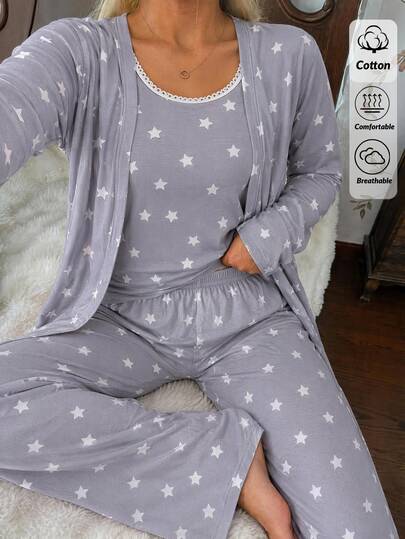 SHEIN Women Soft Touch Multicolor Star Print 3-Piece Comfy Casual Pajama Set With Lace Detail Cami Top, High Waist Long Pants & Long Sleeve Robe