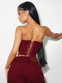 Denimoi Pointed Scoop Neck Denim Corset With Lace Up Back Sexy Tops Denim On Denim Fashionable Tops - Burgundy - View 2