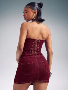 Denimoi Pointed Scoop Neck Denim Corset With Lace Up Back Sexy Tops Denim On Denim Fashionable Tops - Burgundy - View 7