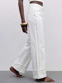 Maija Women's Studded Decor Casual Streetstyle Streetwear Versatile Everyday Denim Jeans Autumn Clothes Everyday Day Time White - White - View 5