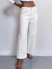 Maija Women's Studded Decor Casual Streetstyle Streetwear Versatile Everyday Denim Jeans Autumn Clothes Everyday Day Time White - White - View 8