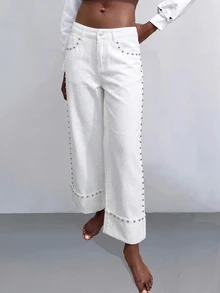 Maija Women's Studded Decor Casual Streetstyle Streetwear Versatile Everyday Denim Jeans Autumn Clothes Everyday Day Time White - White - View 9
