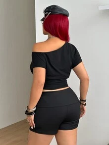 Coolane Women's Plus Size Summer Fall Streetwear Grunge Going Out Concert Date Night Goth Y2K Punk Eyelet Black Asymmetrical Neck Fitted T-Shirt Halloween - Black - View 7