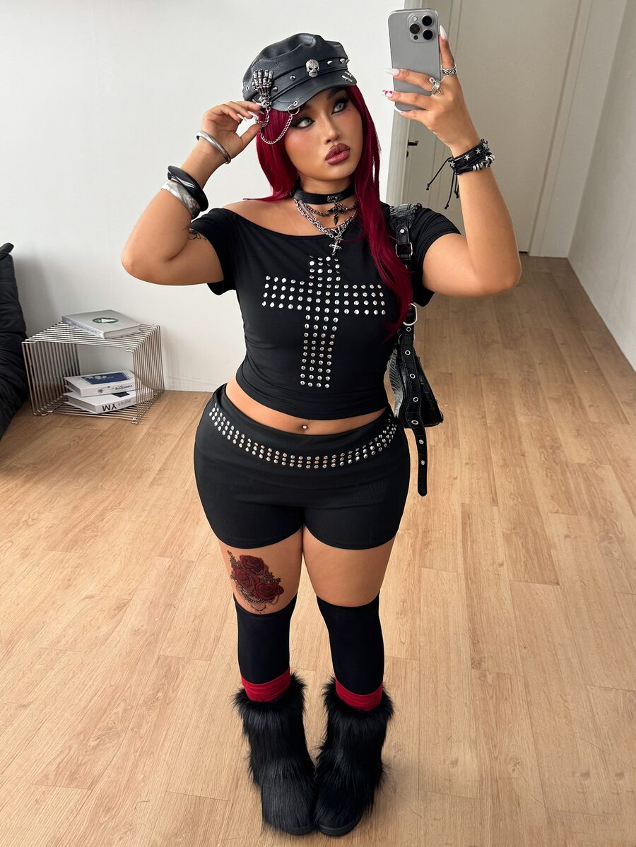 Coolane Women's Plus Size Summer Fall Streetwear Grunge Going Out Concert Date Night Goth Y2K Punk Eyelet Black Asymmetrical Neck Fitted T-Shirt Halloween