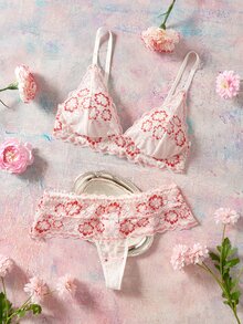 Elorette 2pcs White Colorblock Christmas Triangle Cup High Waist Lace Patchwork Romantic Elegant Women's Lingerie Set - White - View 1