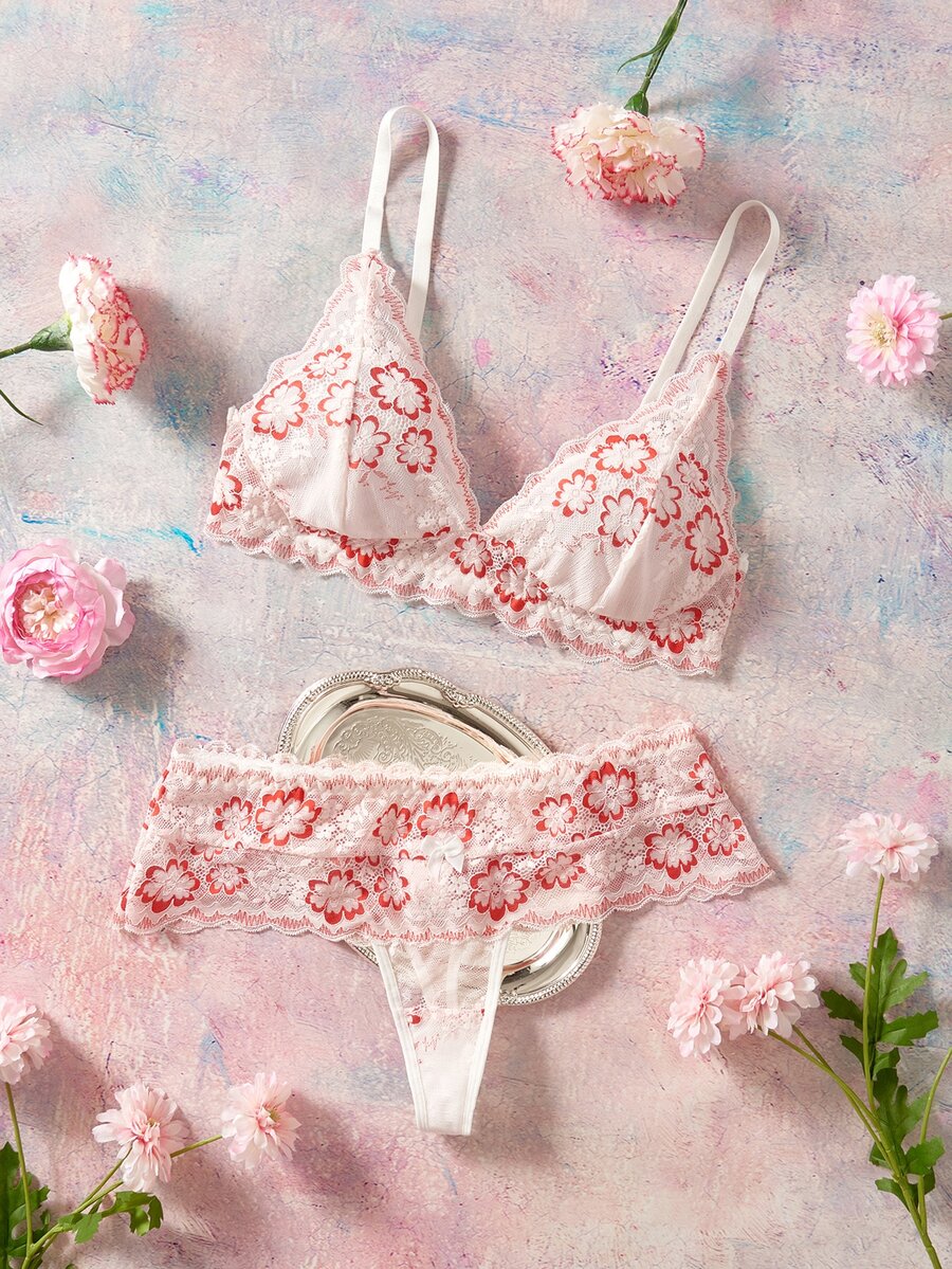 Elorette 2pcs White Colorblock Christmas Triangle Cup High Waist Lace Patchwork Romantic Elegant Women's Lingerie Set - White - View 1