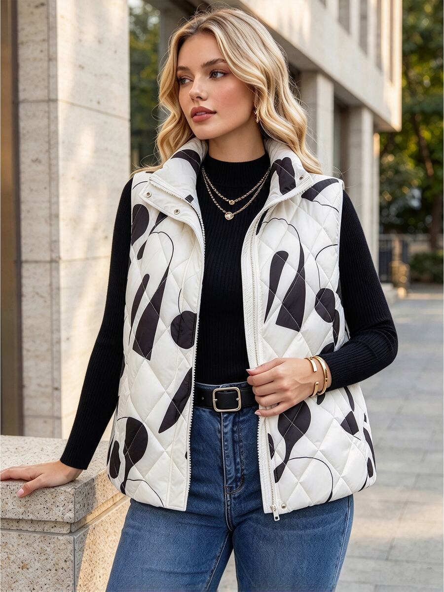 Easura Fashion Casual Vacation French Vintage Elegant Commute Stand Collar Printed Vest Padded Coat Winter - Apricot - View 1