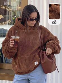 Comfortcana Plus Size Winter Fuzzy Hooded Sweatshirt - Brown - View 3