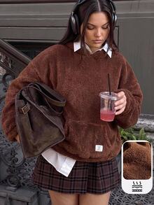 Comfortcana Plus Size Winter Fuzzy Hooded Sweatshirt - Brown - View 4