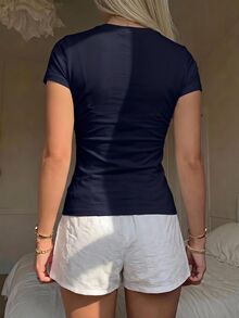 CovetEZ Casual Minimalist Sexy Off-Shoulder 95% Navy Blue Pure Cotton Short Sleeve T-Shirt, Suitable For Spring Summer Autumn, Spring Summer Clothing Matching - Navy Blue - View 3