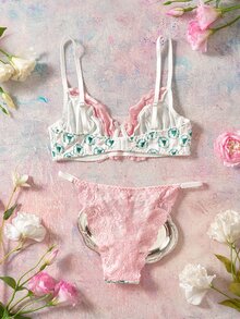 Elorette Christmas Green And Pink Women's Christmas Tree Print Contrast Lace Bow Decor Lingerie Set - Green - View 2