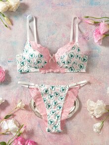Elorette Christmas Green And Pink Women's Christmas Tree Print Contrast Lace Bow Decor Lingerie Set - Green - View 3