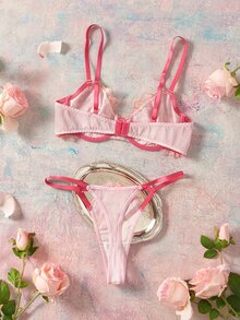 Elorette Women's Floral Embroidered Fashionable Comfortable Lingerie Set - Pink - View 2