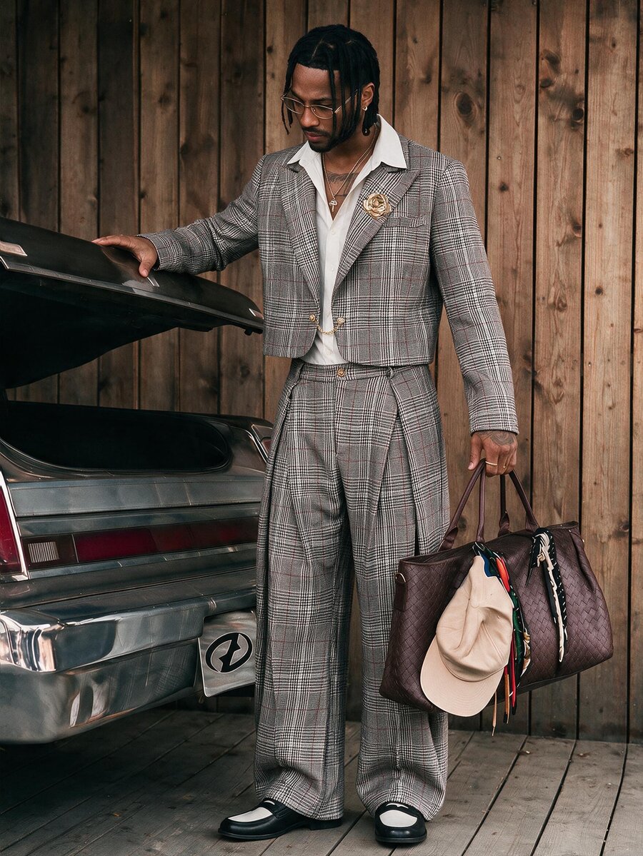 CalleClaro Men's Fashion Retro Plaid Jacket & Pants Suit Set - Grey - View 1
