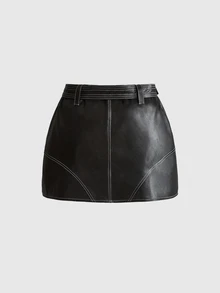 ROMWE Y2K Sexy Hot Girl Contrast Stitching Versatile Women's PU Mini Skirt Plus Size - Black - View 3