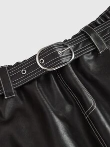 ROMWE Y2K Sexy Hot Girl Contrast Stitching Versatile Women's PU Mini Skirt Plus Size - Black - View 2