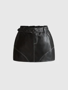 ROMWE Y2K Sexy Hot Girl Contrast Stitching Versatile Women's PU Mini Skirt Plus Size - Black - View 5