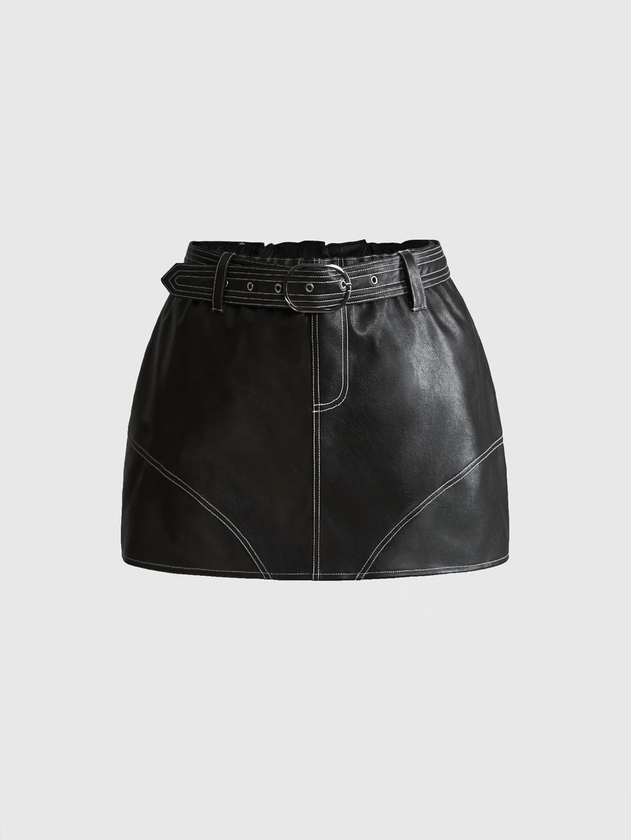 ROMWE Y2K Sexy Hot Girl Contrast Stitching Versatile Women's PU Mini Skirt Plus Size - Black - View 1