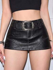 ROMWE Y2K Sexy Hot Girl Contrast Stitching Versatile Women's PU Mini Skirt Plus Size - Black - View 1