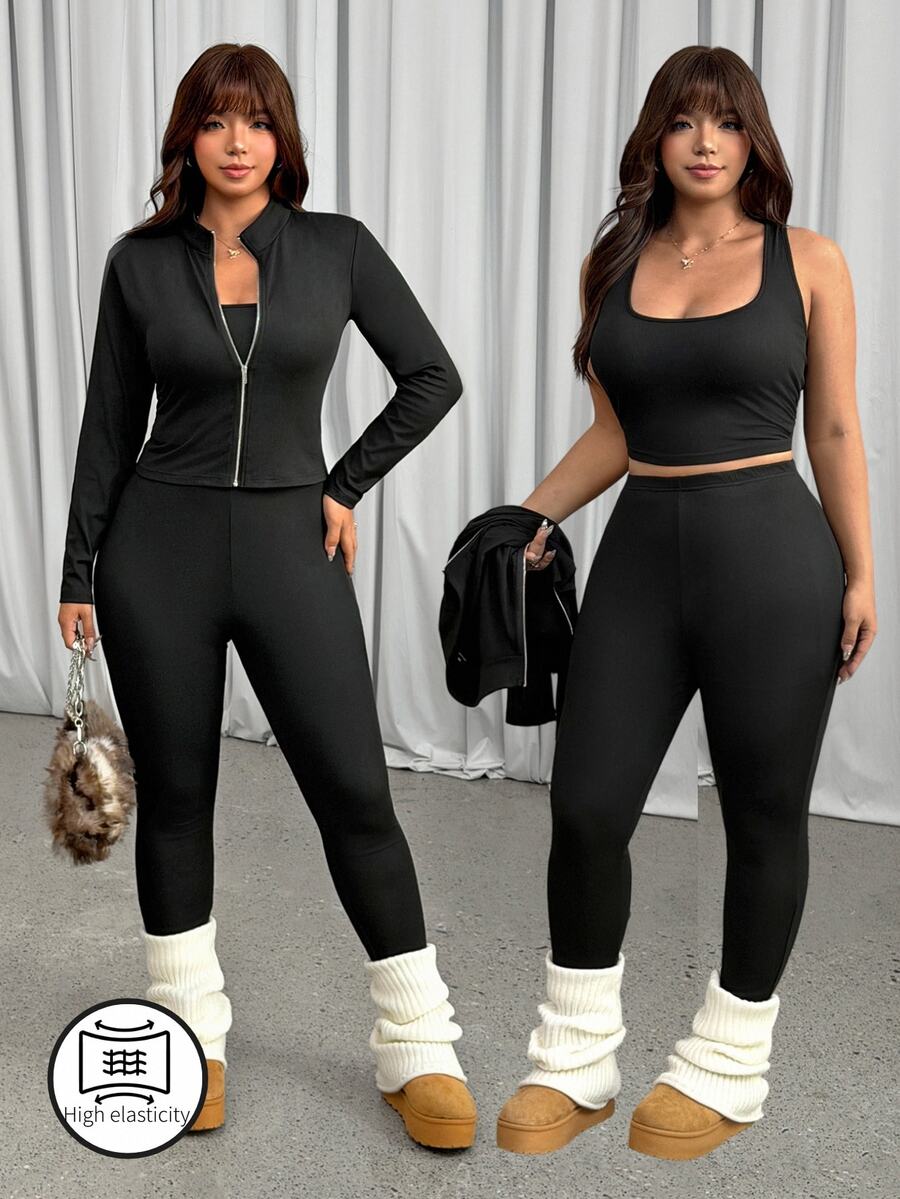GalTyme Plus Size Women Solid Color Long Sleeve Zipper Front Jacket And Leggings Casual Loose Fit 2 Pieces Set Fall Gym Workout Black - Multicolor - View 1
