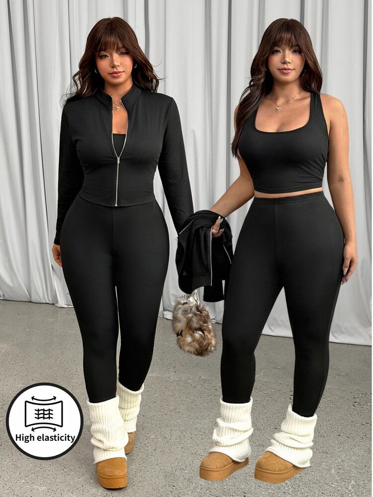 GalTyme Plus Size Women Solid Color Long Sleeve Zipper Front Jacket And Leggings Casual 2 Pieces Set Fall - Multicolor - View 3