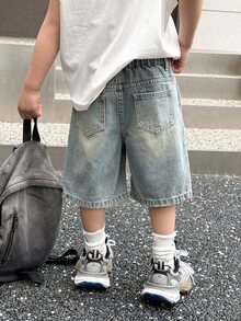 SHEIN 男童夏季复古水洗猫须宽松蓝色牛仔百慕大短裤，春夏街头服饰及春假穿搭 - 中等水洗藍 - 查看 2