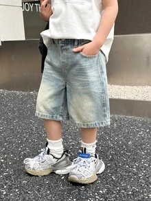 SHEIN 男童夏季复古水洗猫须宽松蓝色牛仔百慕大短裤，春夏街头服饰及春假穿搭 - 中等水洗藍 - 查看 3