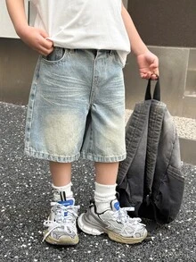 SHEIN 男童夏季复古水洗猫须宽松蓝色牛仔百慕大短裤，春夏街头服饰及春假穿搭 - 中等水洗藍 - 查看 1