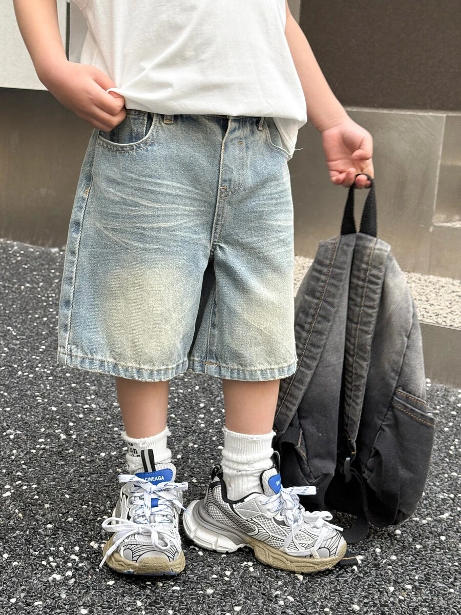 SHEIN 男童夏季复古水洗猫须宽松蓝色牛仔百慕大短裤,春夏街头服饰及春假穿搭 - 中等水洗藍 - 查看 1
