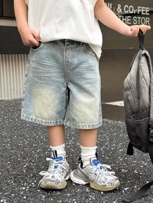 SHEIN 男童夏季复古水洗猫须宽松蓝色牛仔百慕大短裤，春夏街头服饰及春假穿搭 - 中等水洗藍 - 查看 4