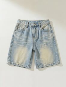SHEIN 男童夏季复古水洗猫须宽松蓝色牛仔百慕大短裤，春夏街头服饰及春假穿搭 - 中等水洗藍 - 查看 7