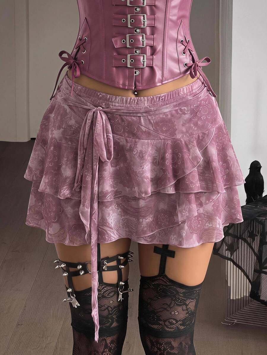 Coolane 女款街頭風可愛派對休閒外出西式穿搭復古圖案花卉灰粉色層次荷葉邊綁帶萬聖節迷你裙夏季 - 粉色 - 查看 1