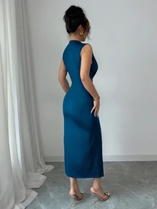 Rafferiza 优雅无袖深 V 领荷叶边下摆开衩春夏女式连衣裙，蓝色 - 藍色 - 查看 5