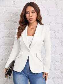 SHEIN PETITE 夏季穿著，適合通勤辦公商務，綠色水果領單扣白色西裝外套，優雅休閒 - 白色 - 查看 4