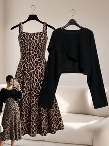 GlowEve CURVE Setelan 2 Potong untuk Wanita Ukuran Plus Terlaris: Atasan Rajut Asimetris Warna Polos Elegan + Gaun Cami Rajut Motif Leopard Klasik dengan Warna Kontras, Desain Sederhana Cocok untuk Perjalanan Sehari-hari, Jalan-jalan, Kencan, dan Pesta. - MultiWarna - View 1