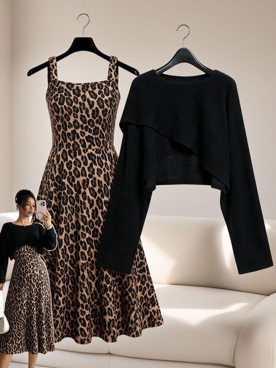 GlowEve CURVE Setelan 2 Potong untuk Wanita Ukuran Plus Terlaris: Atasan Rajut Asimetris Warna Polos Elegan + Gaun Cami Rajut Motif Leopard Klasik dengan Warna Kontras, Desain Sederhana Cocok untuk Perjalanan Sehari-hari, Jalan-jalan, Kencan, dan Pesta. - MultiWarna - View 1