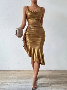 SHEIN Raffinéa فستان رقيق ألوان سادة مطرز بالكشكشة بتصميم خط الأيه للحفلات والمناسبات الخاصة بالعام الجديد ملابس نسائية ماكسي الطول - الذهبي - مشاهدة 8