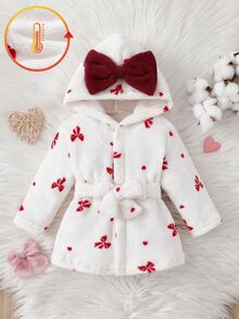 SHEIN 秋冬雙面法蘭絨蝴蝶結印花保暖內裡加厚女嬰新生兒洗澡袍睡袍 - 白色 - 查看 4