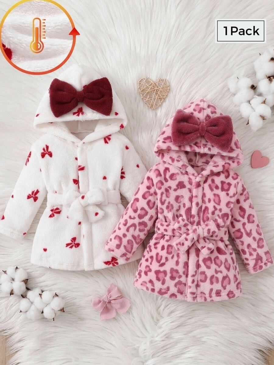SHEIN 秋冬雙面法蘭絨蝴蝶結印花保暖內裡加厚女嬰新生兒洗澡袍睡袍 - 白色 - 查看 1
