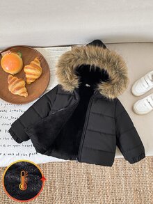 SHEIN 男嬰款黑色學院風羽絨外套，人造毛 Sherpa 內裡，絎縫長袖連帽厚款戶外冬秋聖誕假期拉鍊外套 - 咖啡棕 - 查看 6