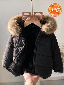 SHEIN 男嬰款黑色學院風羽絨外套，人造毛 Sherpa 內裡，絎縫長袖連帽厚款戶外冬秋聖誕假期拉鍊外套 - 咖啡棕 - 查看 9