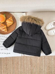 SHEIN 男嬰款黑色學院風羽絨外套，人造毛 Sherpa 內裡，絎縫長袖連帽厚款戶外冬秋聖誕假期拉鍊外套 - 咖啡棕 - 查看 4